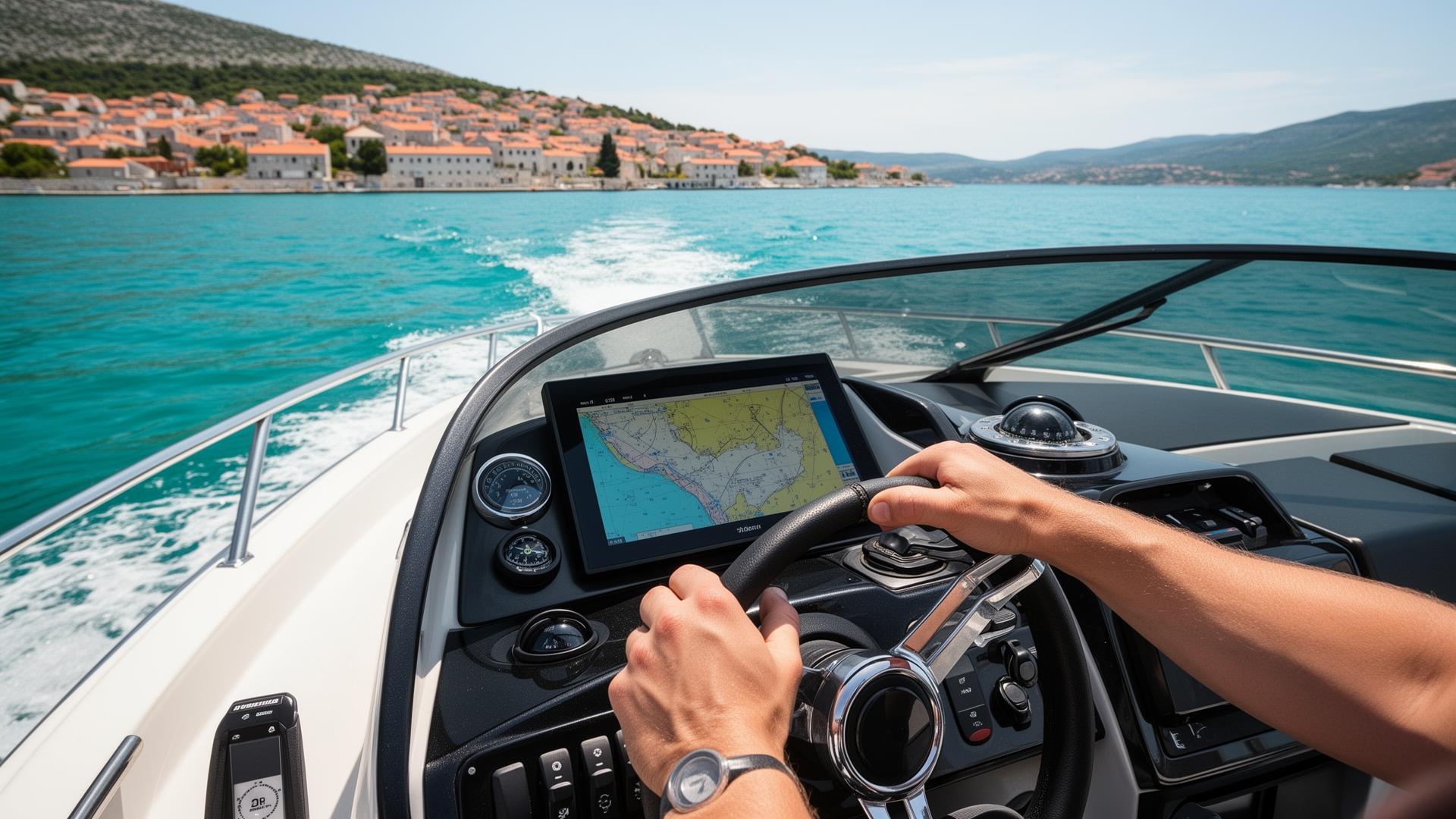 A skipper's hands on the wheel of a modern speedboat with a navigation chart and compass, cruising the turquoise Adriatic near Šibenik