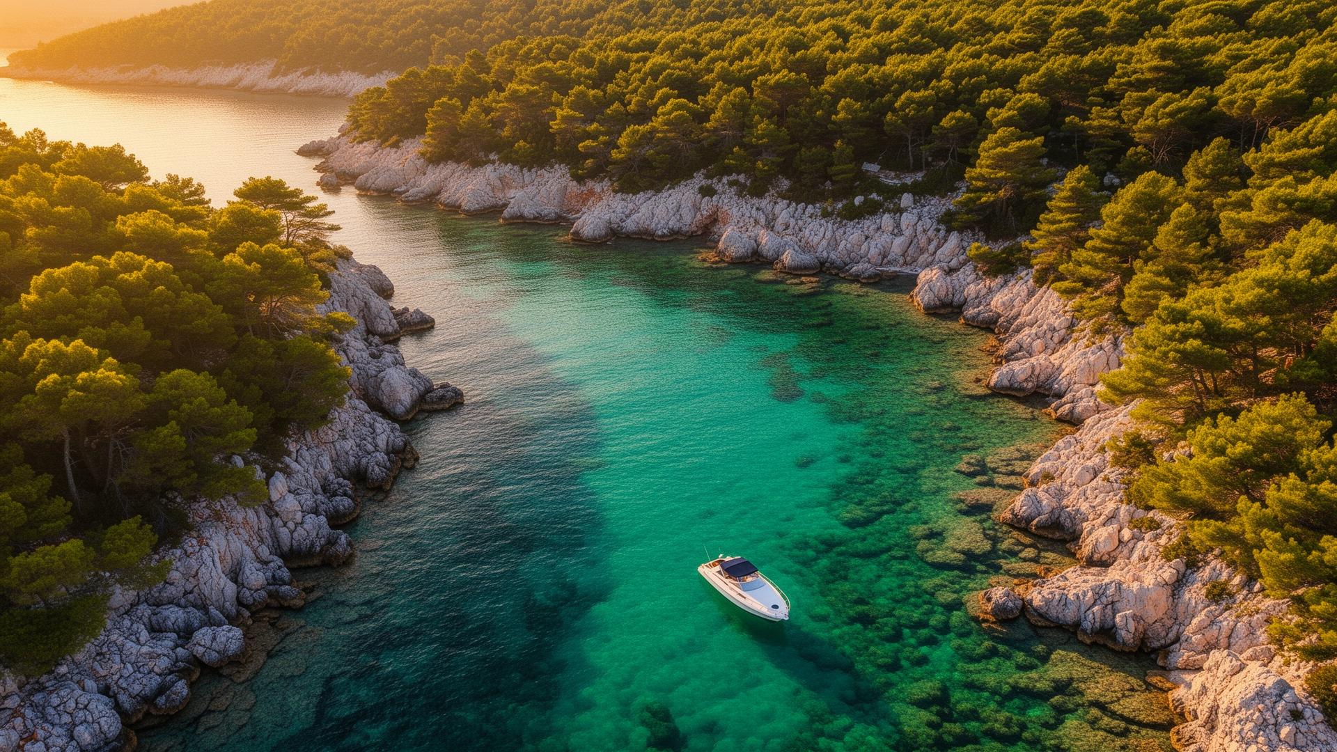 Aerial view of a hidden turquoise bay in the Šibenik archipelago with pine trees and a small boat anchored at golden hour