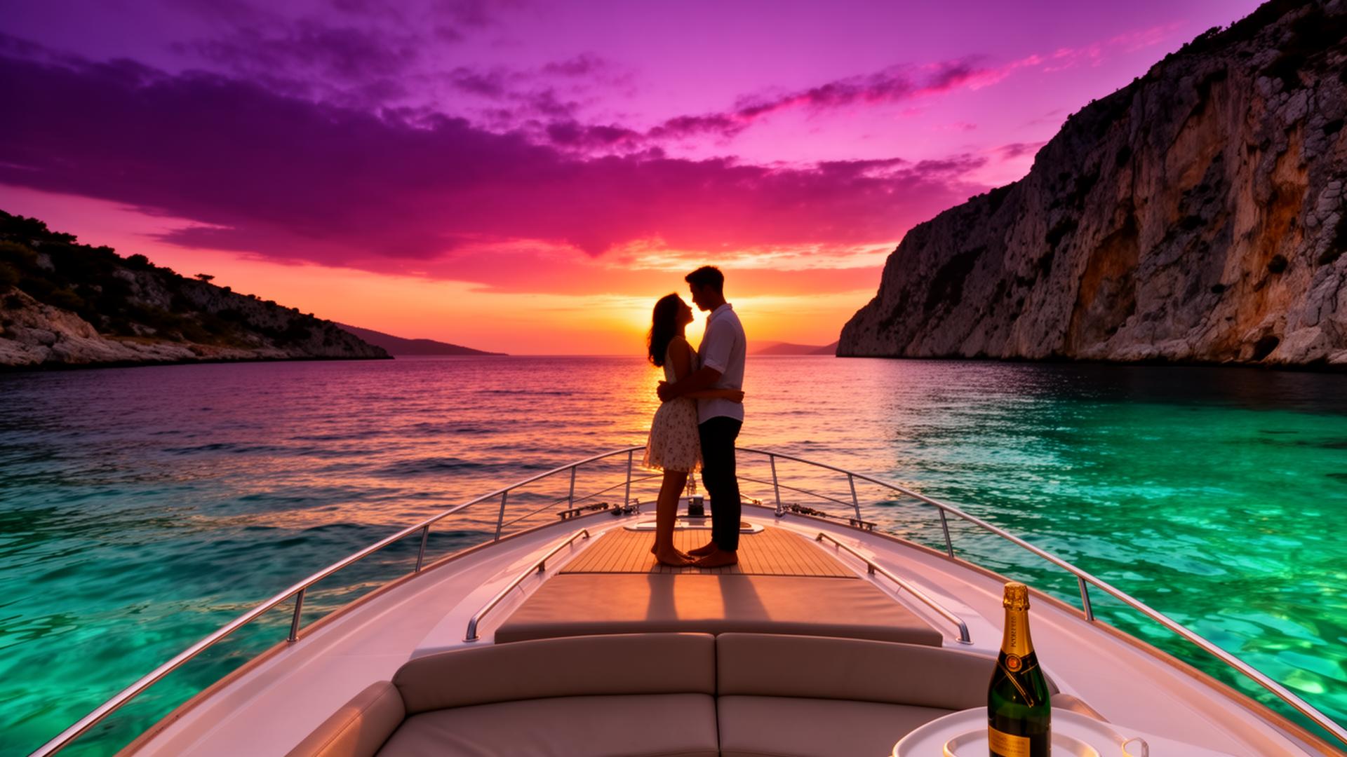 A romantic couple on a private boat at sunset in the Adriatic Sea near Croatia with sparkling wine and dramatic purple sky