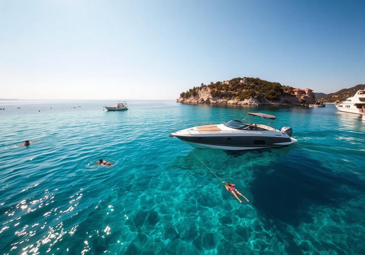 Quicksilver 605 anchored in a turquoise cove near Šibenik